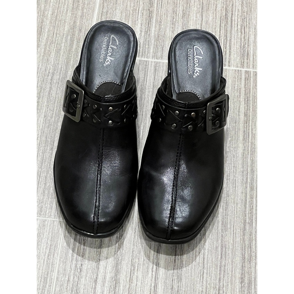 Clarks Bendables Black Leather Buckle Studded Mule‎ Clogs Slip-On Womens  Sz9